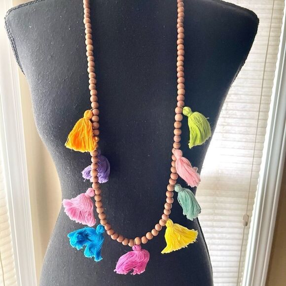 Boho Multi Color Tassel Wooden Beads Necklace - Picture 2 of 3